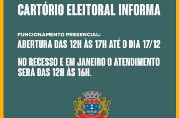 ATUALIZAÇAO NOS HORARIOS PRESENCIAIS DO CARTÓRIO ELEITORAL