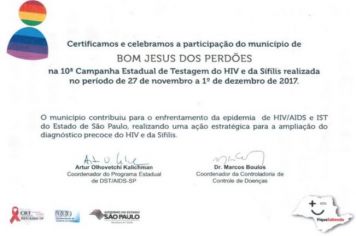 PREFEITURA GANHA CERTIFICADO POR CAMPANHA DE TESTAGEM DO HIV