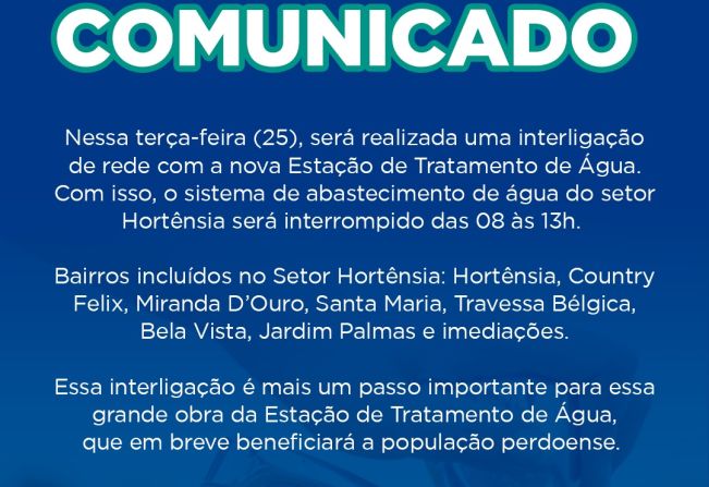 SERÁ REALIZADA UMA INTERLIGAÇÃO DE REDE COM A NOVA ESTAÇÃO DE TRATAMENTO DE ÁGUA.