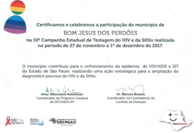 PREFEITURA GANHA CERTIFICADO POR CAMPANHA DE TESTAGEM DO HIV