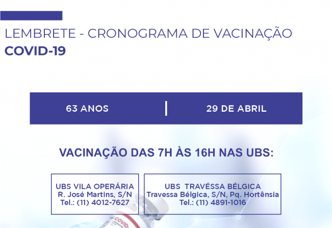 Chegou a vez dos idosos de 63 anos tomarem a primeira dose da vacina contra a Covid-19.